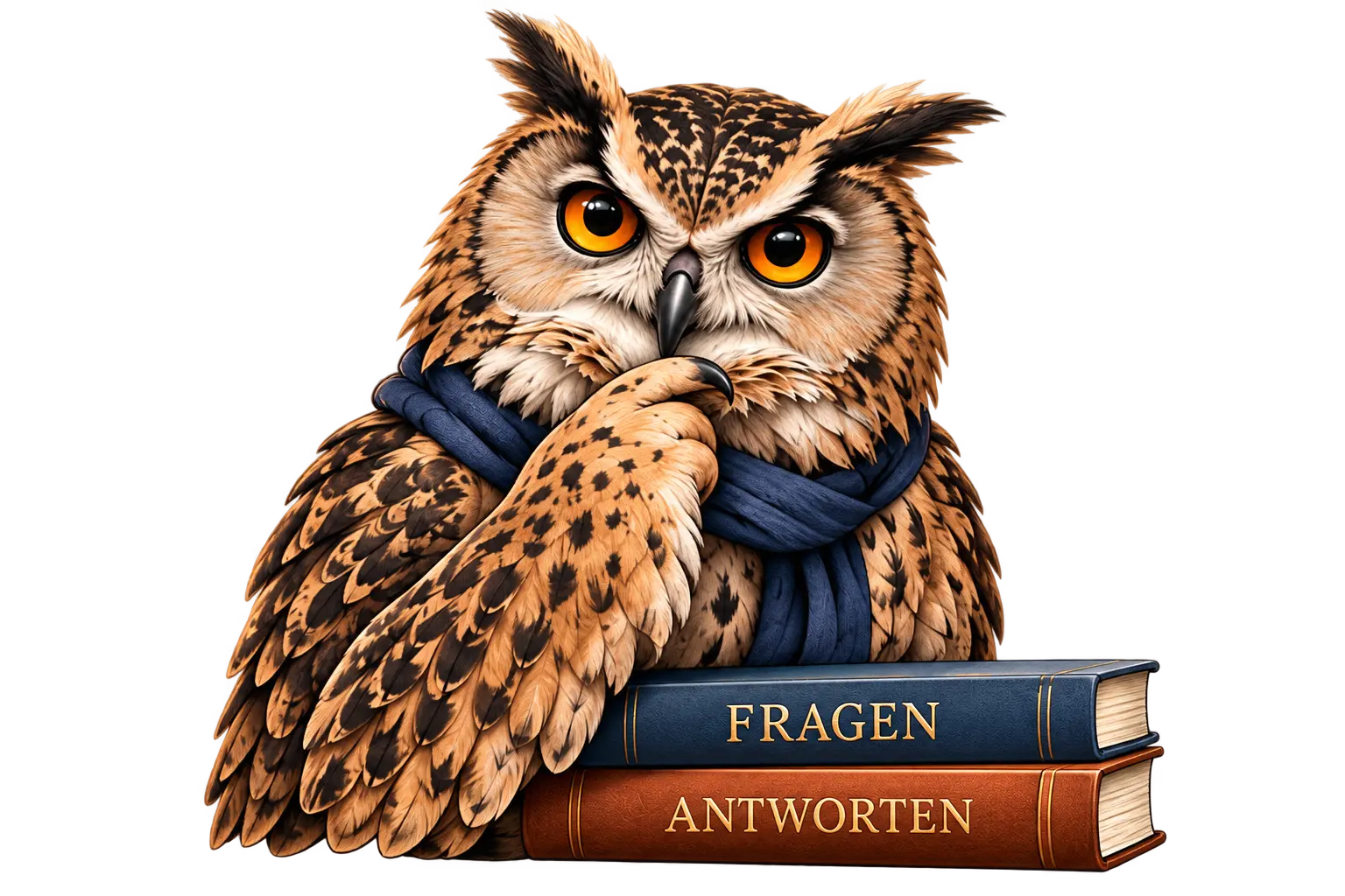 Nachdenklicher Uhu mit blauem Schal auf zwei Büchern